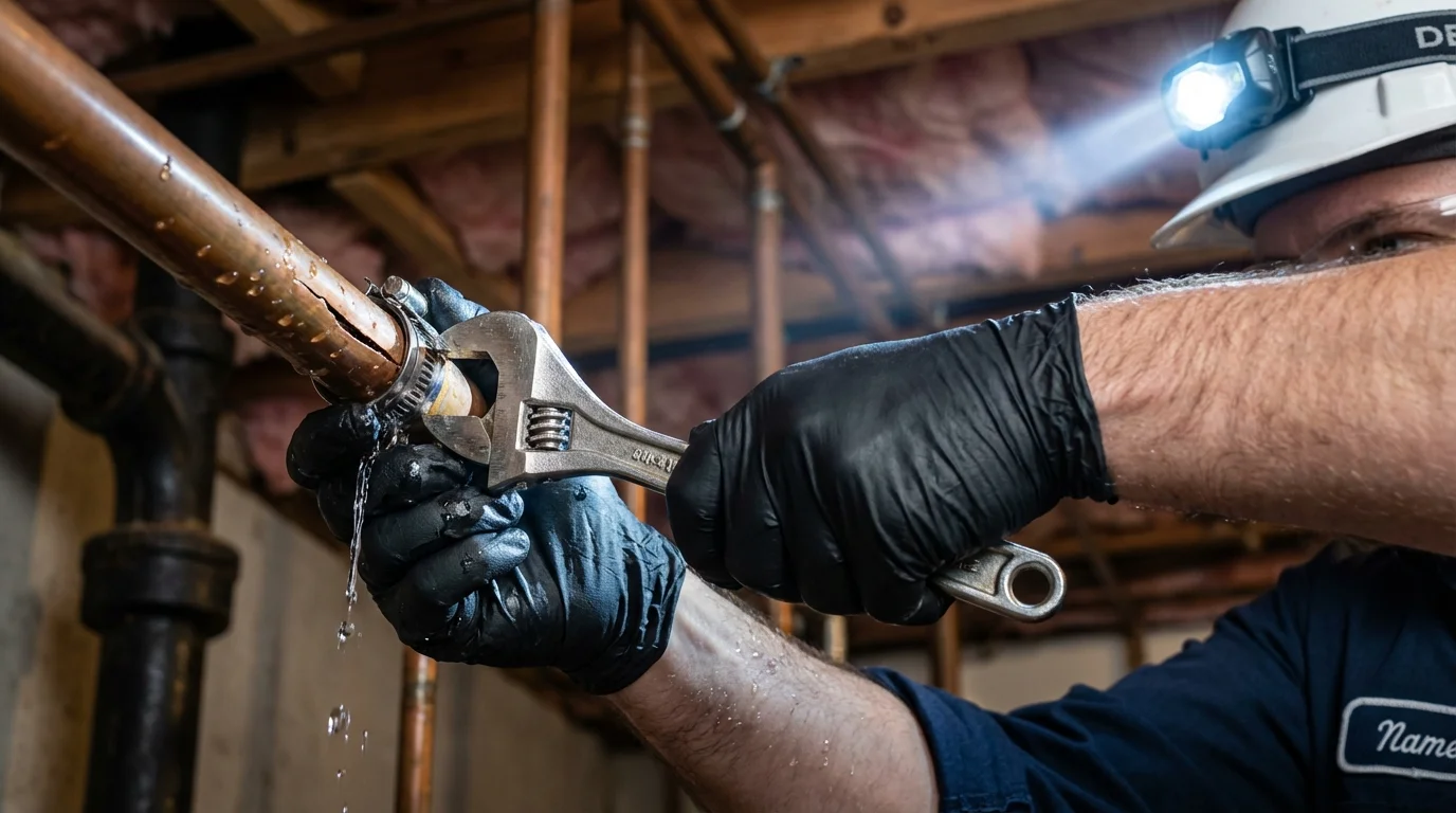 Emergency pipe clamp repair being performed by a Johns Plumbing LLC plumber in Warrensburg