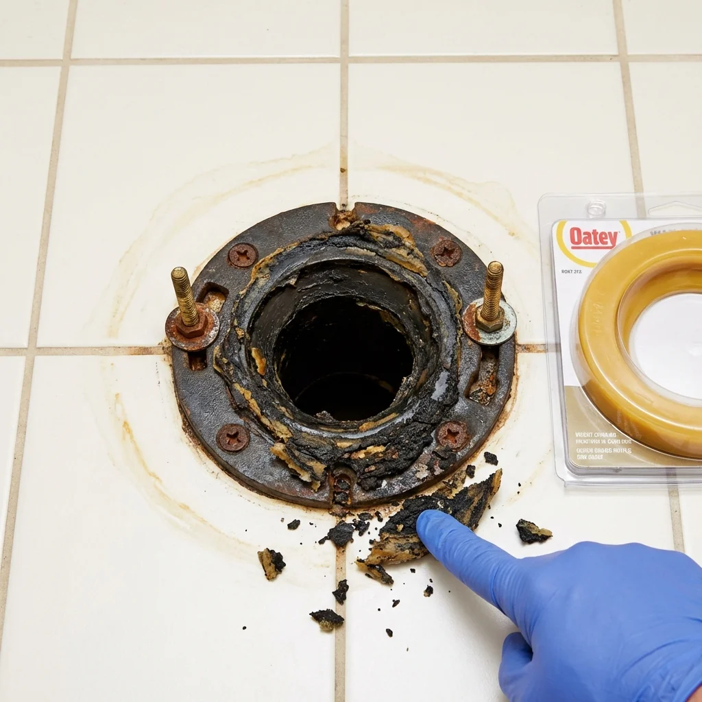 Failed wax ring showing water seepage at the base of a toilet in a Warrensburg, MO home