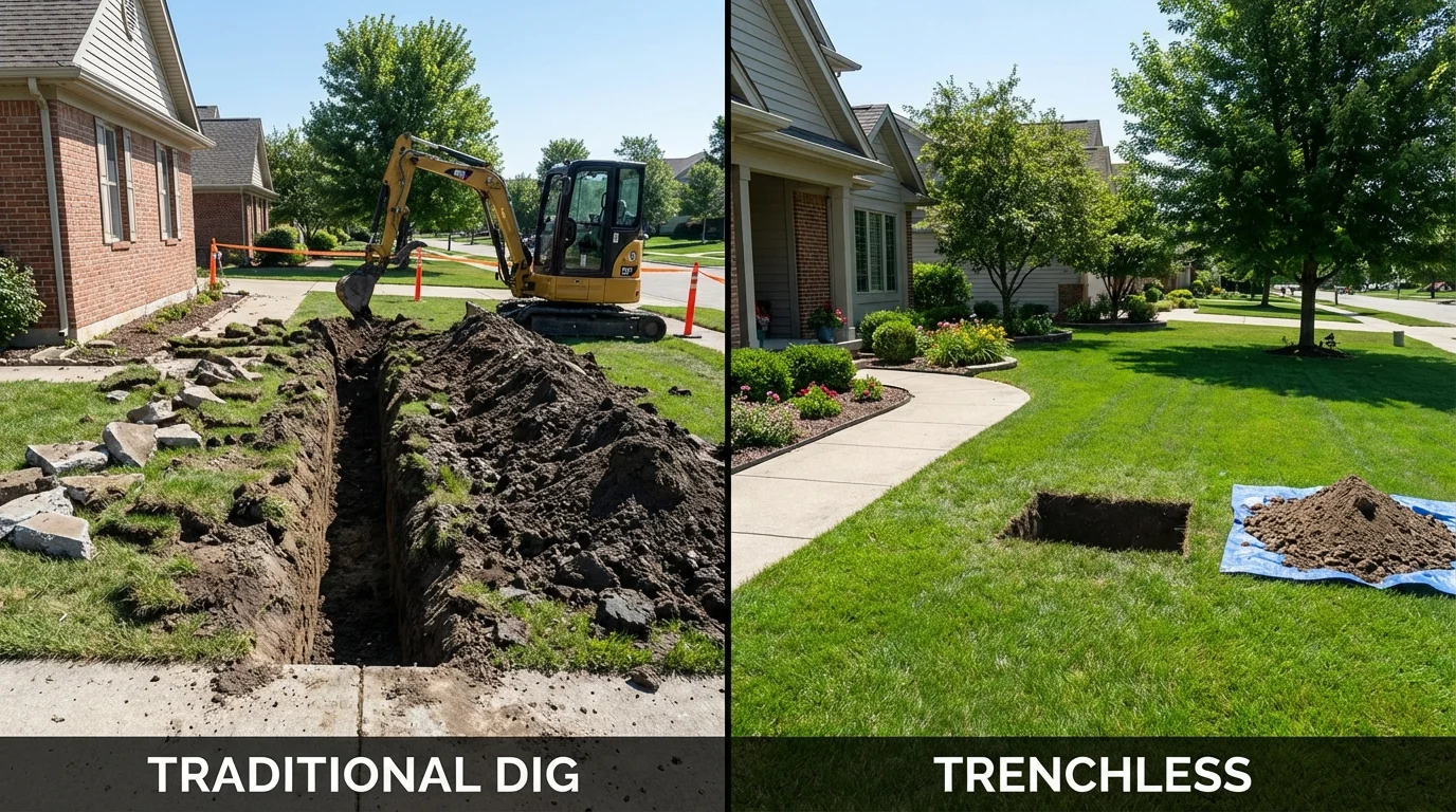 Trenchless sewer repair with minimal yard damage versus traditional excavation in Warrensburg, MO
