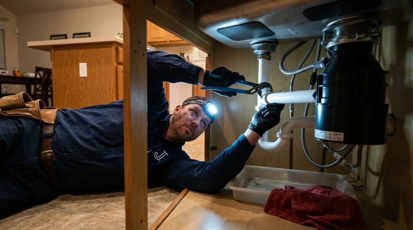 P-trap and supply line connections under a kitchen sink showing a common leak point in Warrensburg, MO